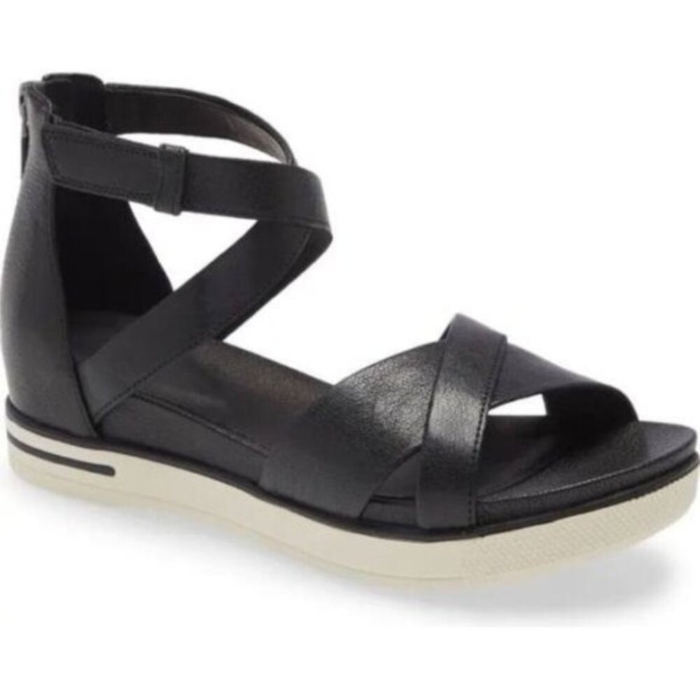 Eileen Fisher Sally Wedge Sandals in Black Leather